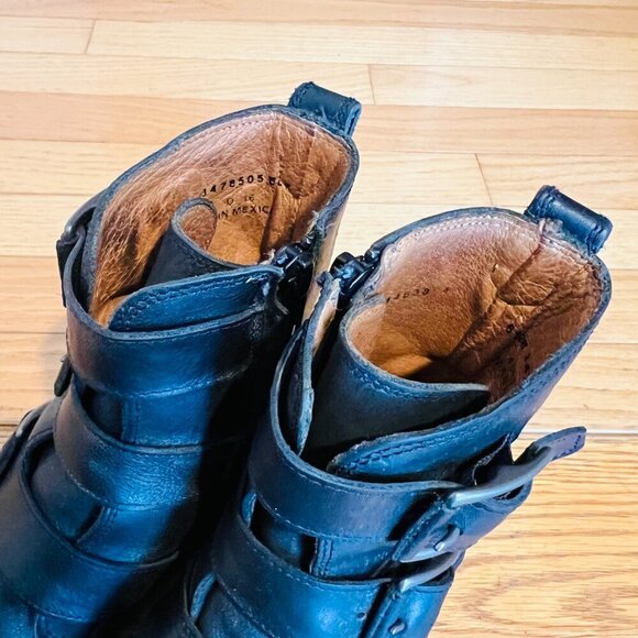 Frye Biker Chelsea Boots Combat Moto Natalie Triple Buckle Black Leather 6.5 B - Picture 4 of 16